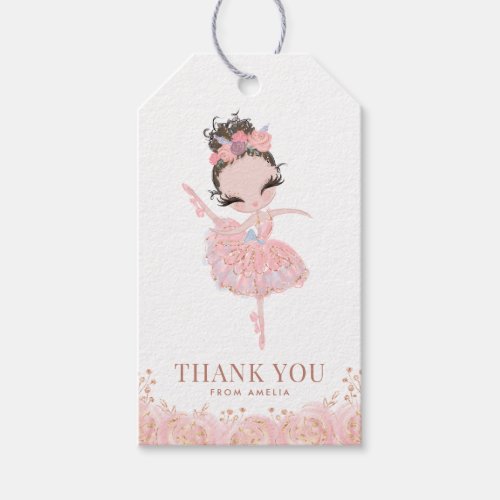 Brunette Girl Ballerina in Pink Dress Birthday Gift Tags