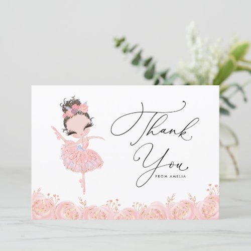 Brunette Girl Ballerina in Pink Dress Birthday Thank You Card