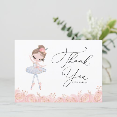 Brunette Girl Ballerina in White Dress Birthday Thank You Card