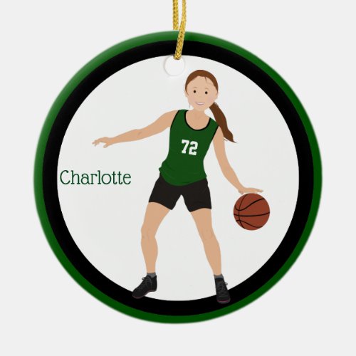 Brunette Girl Basketball Player In Green And Black Ceramic Ornament