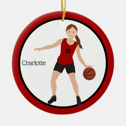 Brunette Girl Basketball Player In Red And Black Ceramic Ornament