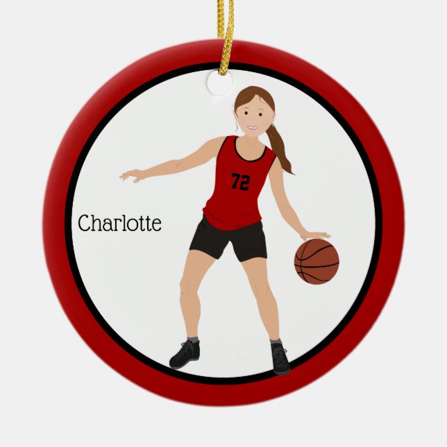 Brunette Girl Basketball Player In Red And Black Ceramic Ornament (Front)