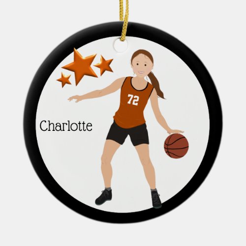 Brunette Girl Basketball Player Orange And Black Ceramic Ornament