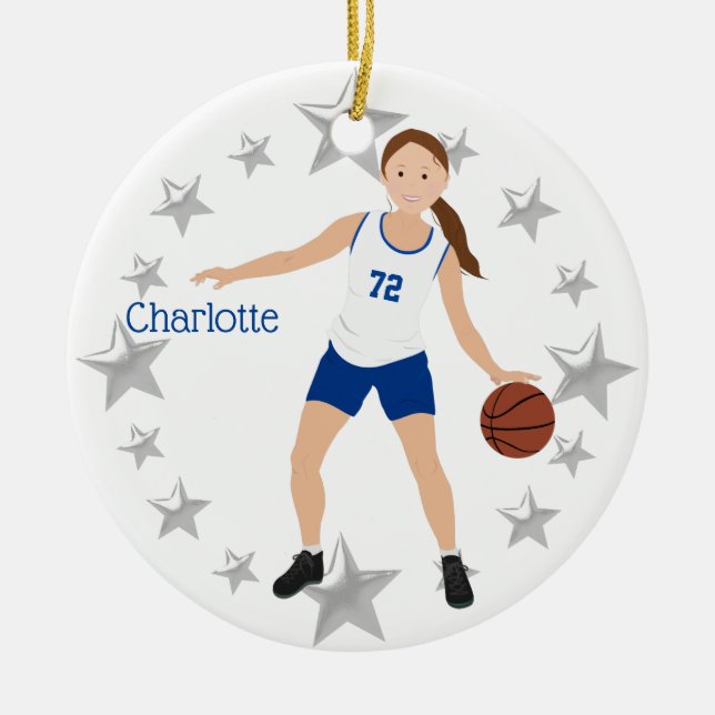 Brunette Girl Basketball Player White & Blue Ceramic Ornament (Front)
