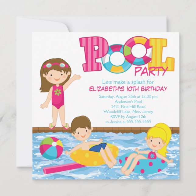 Brunette Girl Birthday Pool Party Invitation (Front)