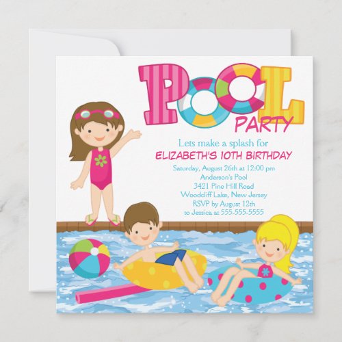 Brunette Girl Birthday Pool Party Invitation