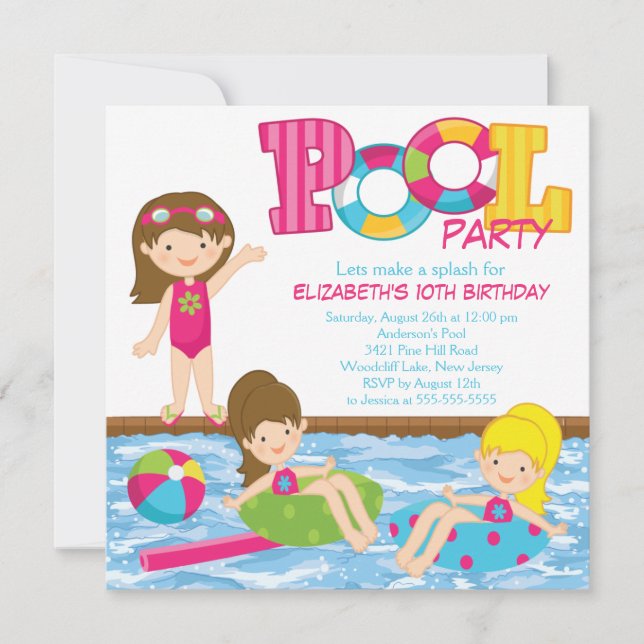 Brunette Girl Birthday Pool Party Invitation (Front)