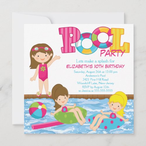 Brunette Girl Birthday Pool Party Invitation