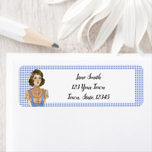 Brunette Girl Blue Polka Dot Address Label (Insitu)