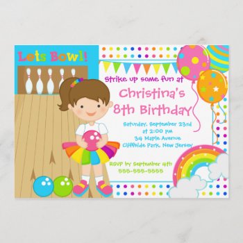 Brunette Girl Bowling Birthday Party Invitations by alleventsinvitations at Zazzle