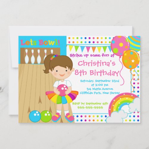 Brunette Girl Bowling Birthday Party Invitations