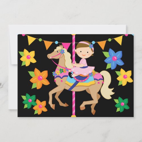 Brunette Girl Carousel Birthday 5x7 Invitation