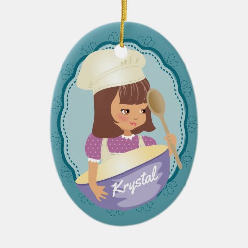 Brunette girl chef baker personalized Christmas Ceramic Ornament