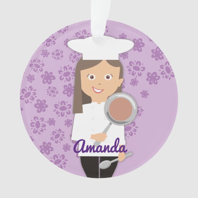 Brunette girl chef hat frying pan personalized ornament (Front)