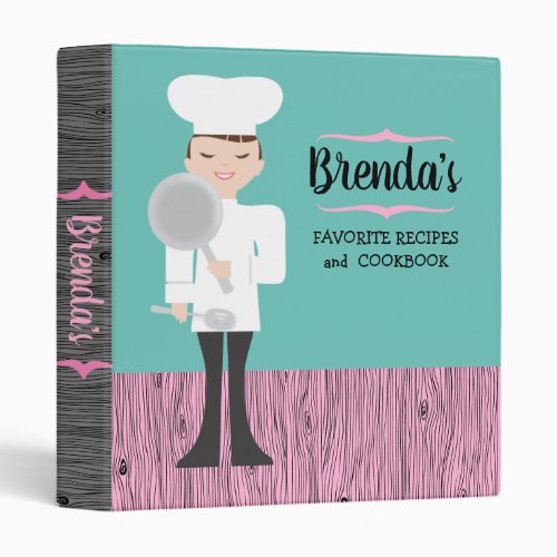 Brunette girl chef personalized kids recipe 3 ring binder