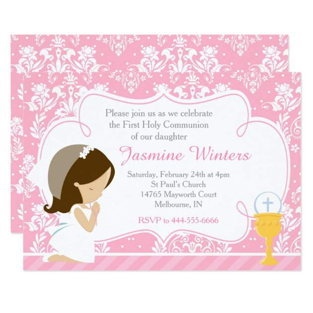 Brunette Girl First Communion Damask Invitation