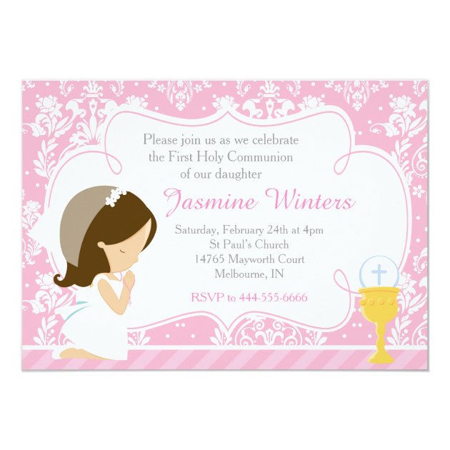 Brunette Girl First Communion Damask Invitation