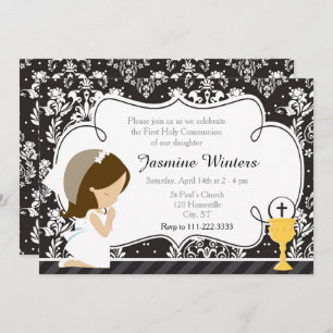 Brunette Girl First Communion Damask Invitation