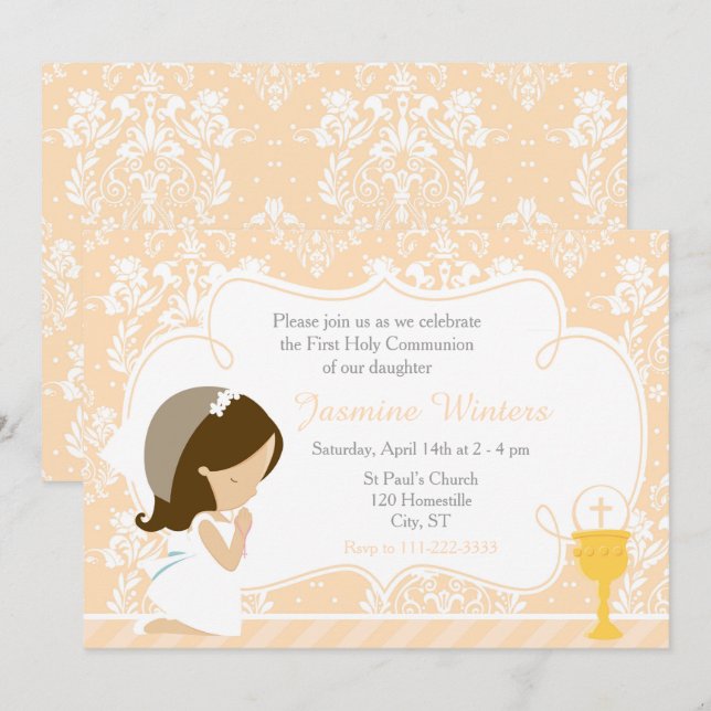 Brunette Girl First Communion Damask Invitation (Front/Back)