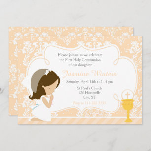 Brunette Girl First Communion Damask Invitation
