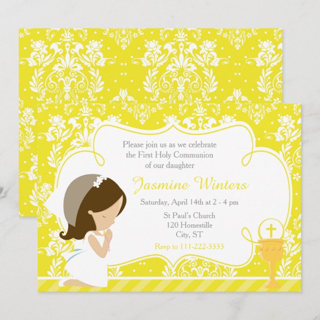 Brunette Girl First Communion Damask Invitation (Front/Back)
