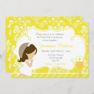 Brunette Girl First Communion Damask Invitation