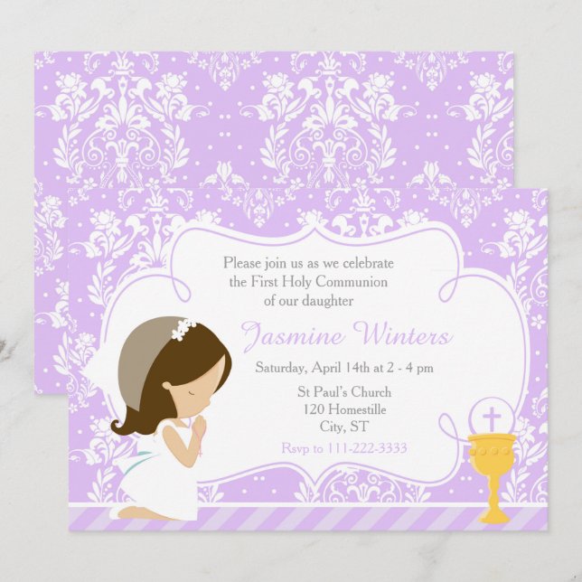 Brunette Girl First Communion Damask Invitation (Front/Back)