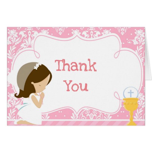 Brunette Girl First Communion Damask Thank You