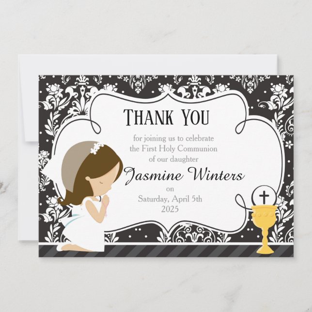 Brunette Girl First Communion Damask Thank You Card (Front)