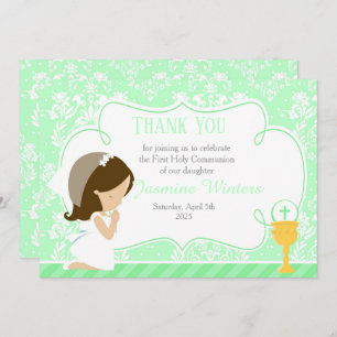 Brunette Girl First Communion Damask Thank You Card