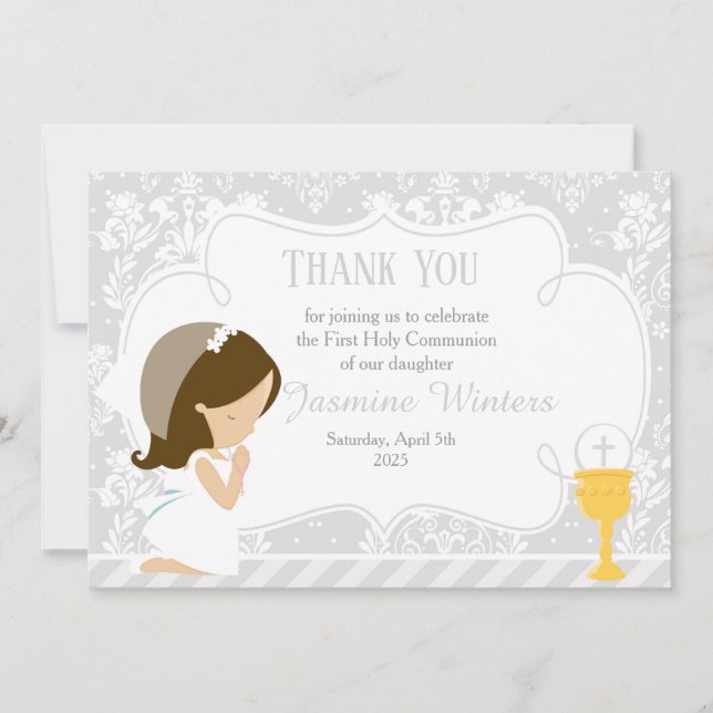 Brunette Girl First Communion Damask Thank You Card (Front)