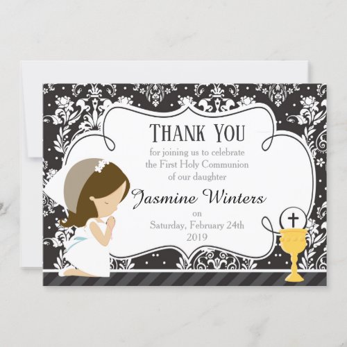 Brunette Girl First Communion Thank You Card