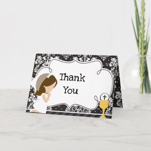 Brunette Girl First Communion  Thank You Thank You Card