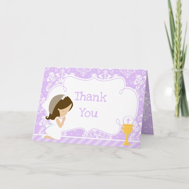 Brunette Girl First Communion  'Thank You' Thank You Card (Front)