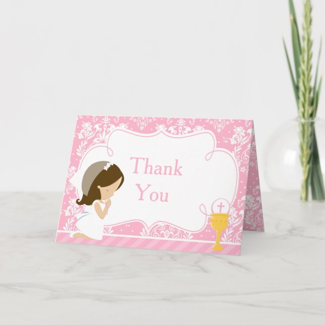 Brunette Girl First Communion  'Thank You' Thank You Card (Front)