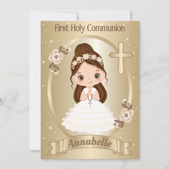 Brunette Girl First Holy Communion Invitation (Front)