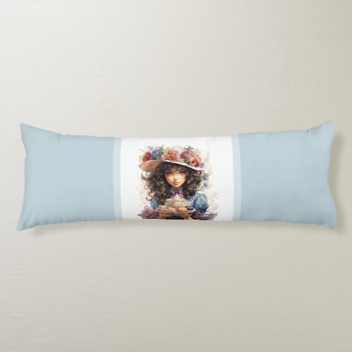 Brunette girl floral hat blue aesthetic tea theme body pillow