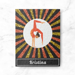 Brunette Girl Gymnast Gymnastics Gold Orange Name Jigsaw Puzzle