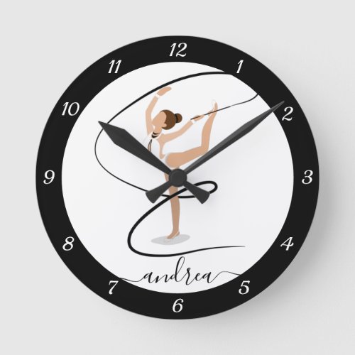 Brunette Girl Gymnastics Gymnast Elegant Name Cute Round Clock