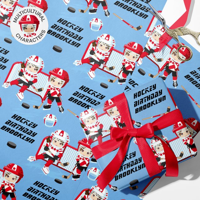 Brunette Girl Hockey Birthday Personalized Wrapping Paper (Creator Uploaded)