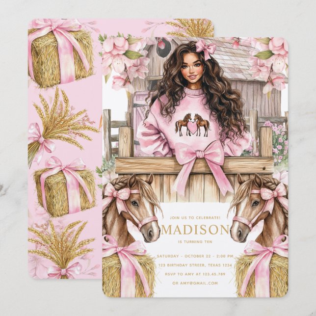 Brunette Girl Horse Birthday Invitation (Front/Back)