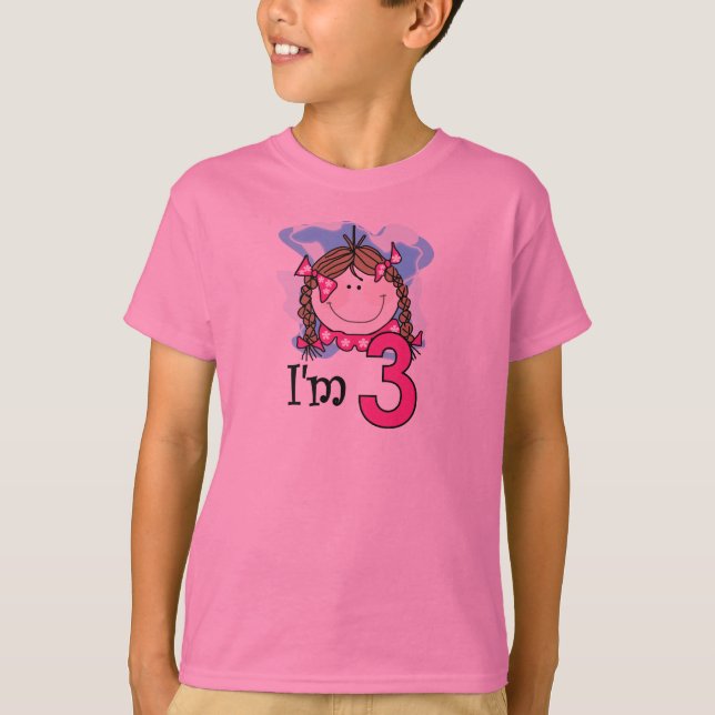Brunette Girl I'm Three T-Shirt (Front)