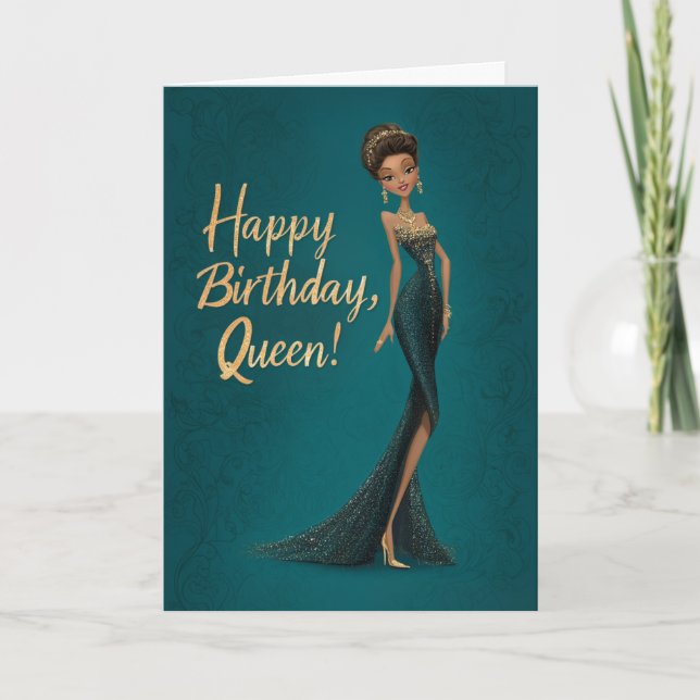 Brunette Girl in Dark Teal Gown Happy BDay Queen Card (Front)