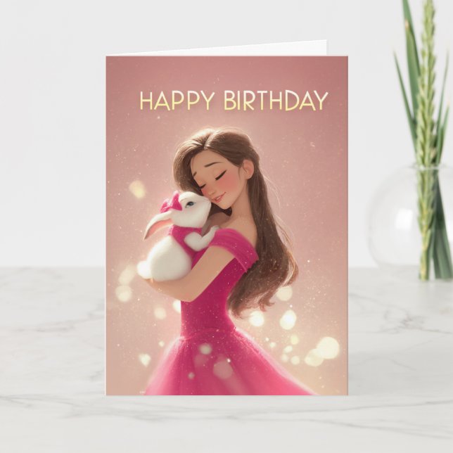 Brunette Girl in Hot Pink w/ Sweet Bunny BDay Card (Front)
