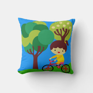 Brunette Girl on Bicycle Pillow