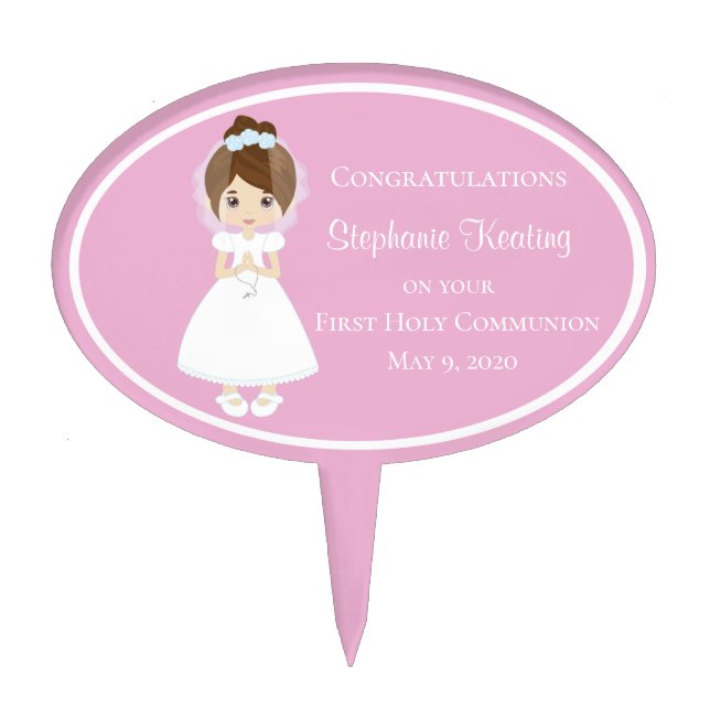 Brunette Girl Personalized First Holy Communion Cake Topper (Front)