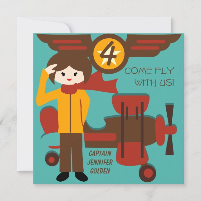 Brunette Girl Pilot Birthday Invitations (Front)