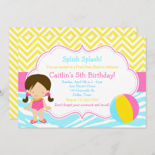 Brunette Girl Pool Party Bash Party Invitation