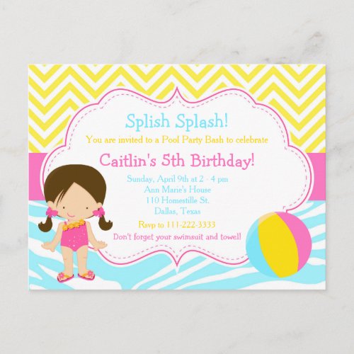 Brunette Girl Pool Party Bash Party Invitation Postcard