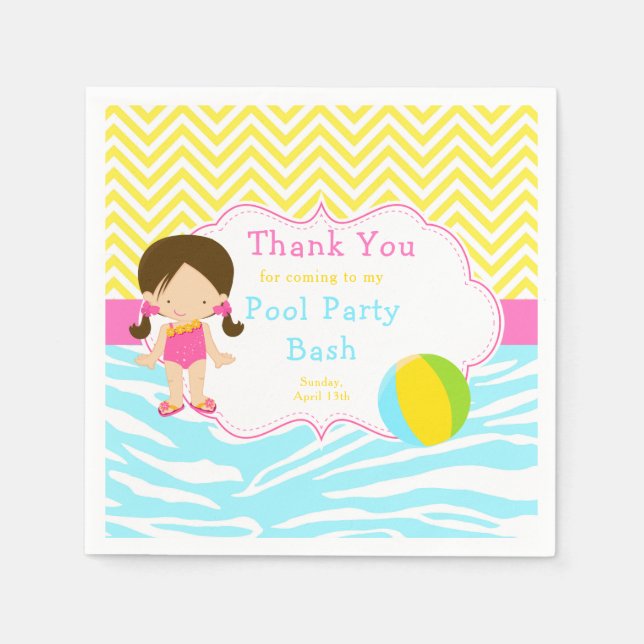 Brunette Girl Pool Party Bash Party Napkins (Front)